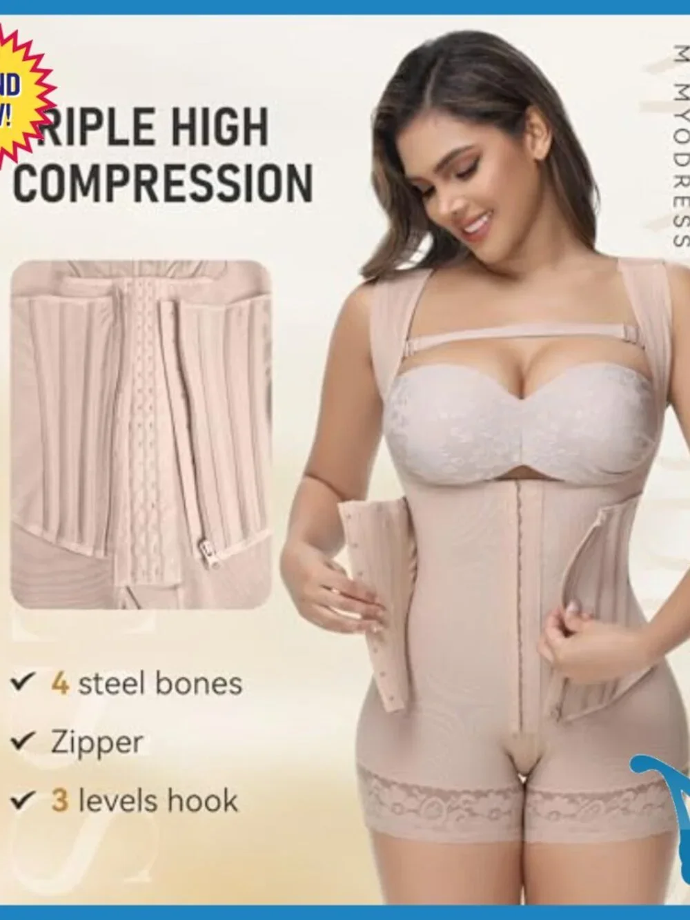 High Compression Shapewear Bodysuit with Zipper & Steel Bones Tummy Control